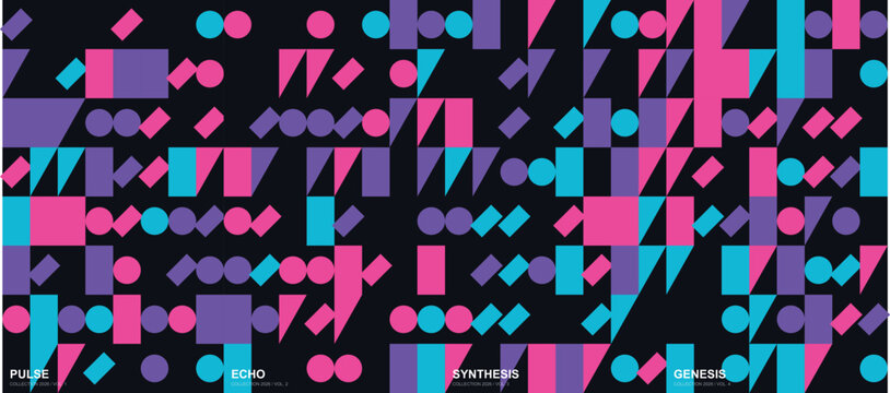 Abstract geometric pattern with neon shapes, vibrant synthwave background vector, colorful mosaic of circles and triangles for digital art