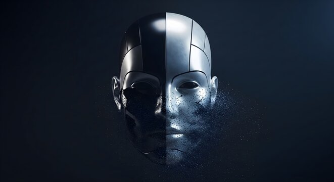A conceptual illustration of a digital humanoid face dissolving into particles against a dark background.