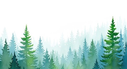 Obraz premium Elegant watercolor painting of a misty forest with pine trees in soft green and blue hues, perfect for background design and stationery, texture, soft, brush