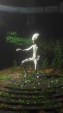Playful alien dancing on ancient stone steps in a forest clearing, surreal vertical reel mixing sci-fi humor, fantasy storytelling and cinematic environmental lighting

