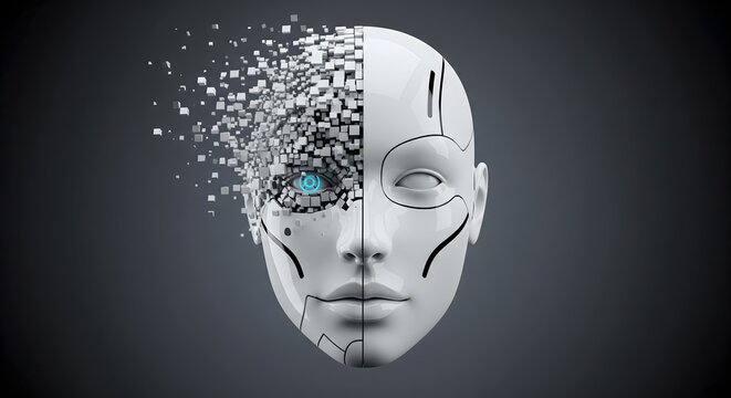 A conceptual illustration of a humanoid head dissolving into digital cubes.