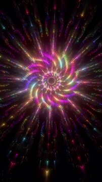Colorful spiral mandala with radiant vortex motion and cosmic energy, abstract sacred geometry vertical reel created for trance visuals and immersive meditation
