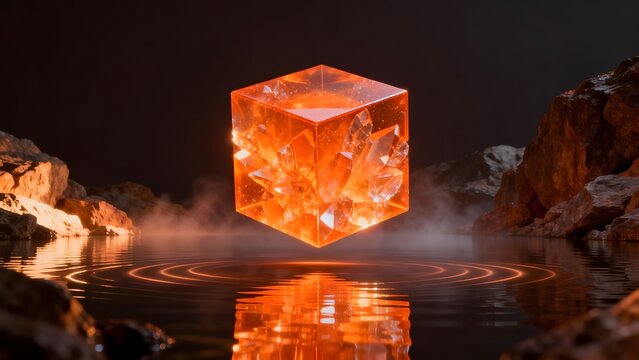 Glowing crystal cube over water