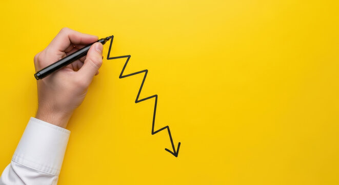 Downtrend Line Drawn On Yellow Paper Surface Hand With Black Marker Downward Arrow Decline Concept Business Finance Decrease Recession