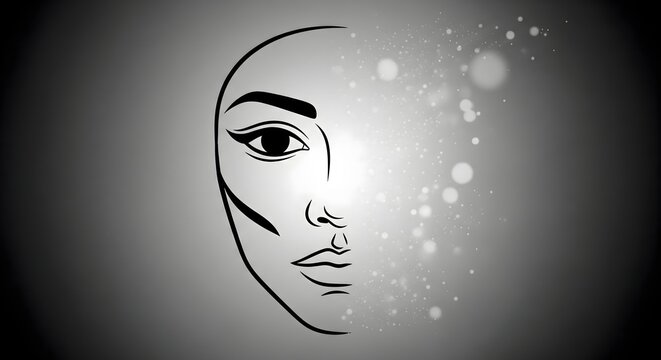 A minimalist line art illustration of a human face dissolving into sparkling light particles.