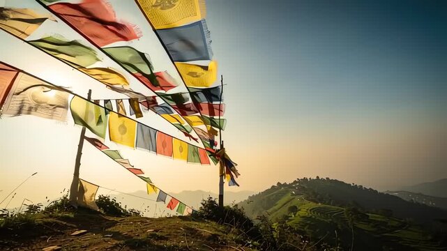 Colorful prayer flags flutter on mountain peak at sunrise with hazy sky and hills