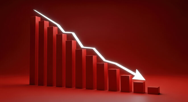 Dramatic Red Bar Chart with Declining White Arrow Showing Business Downturn Financial Loss or Economic Recession in Modern 3D Rendering Isolated