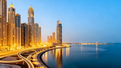 Obraz premium City skyline with illuminated buildings and waterfront