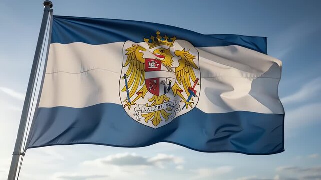 Waving Flag with Emblem, Blue and White Stripes, Royal Crown, Coat of Arms