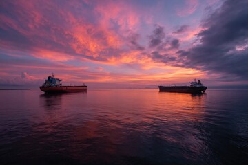 Obraz premium Bulk carriers positioned at colorful sunset calm water horizon