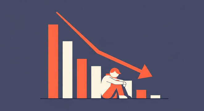 Economic Downturn Depression Person Sits in Despair Next to Falling Bar Graph on Gray Background Recession Finance Loss Bankruptcy Crisis Failure