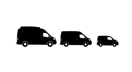 Fototapeta premium Minimal black silhouette icon, simple flat vector, bold black shape, no, no shading set of three different sizes of delivery vans silhouettes on a, flat icon style