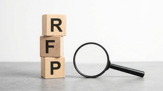Wooden blocks spelling the word rfp with a magnifying glass