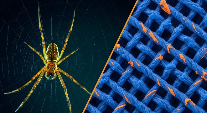 Spider on dark web next to a microscopic macro view of blue woven fabric fibers with orange textures