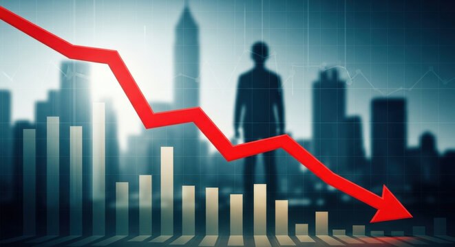 Economic recession financial crisis stock market crash with red arrow pointing down fall graph recession concept business loss bankruptcy and unemployment concept