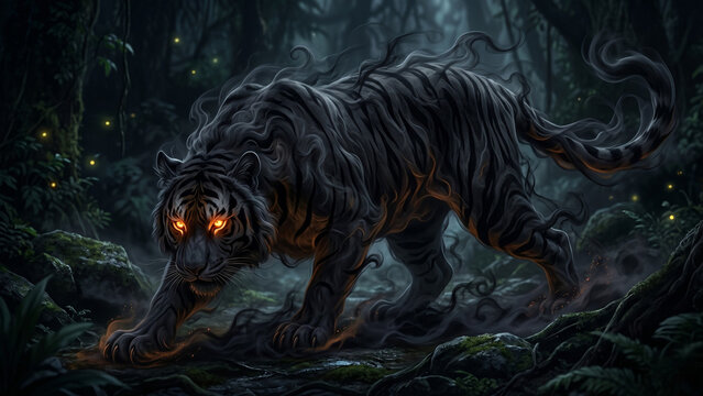 Shadow tiger stalking in low crouch with dark smoke body amber undertones stripe void bands twin blazing amber fire eyes on black background