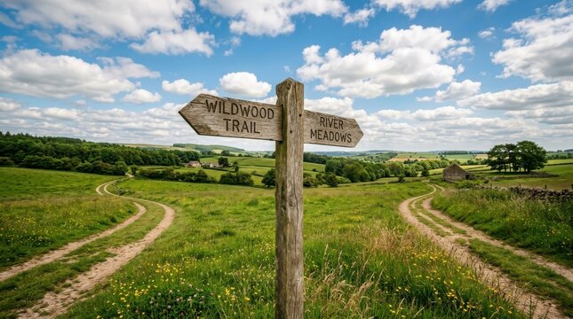 Wooden signpost at a fork in a rural meadow path