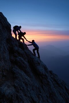 Two hikers aiding partner on steep mountain face at sunset