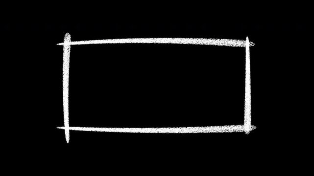 Hand drawn chalk rectangle frame animation on black background, border hand-drawn