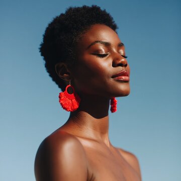 Black woman closing eyes wearing red earrings against blue sky