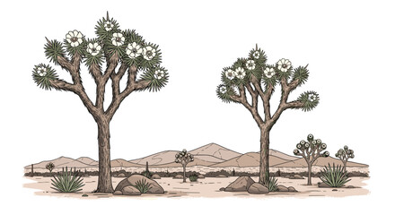 Fototapeta premium Landscape illustration of Joshua trees and sparse desert vegetation against a backdrop of distant hills and sandy ground.