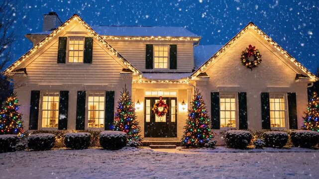 Festive suburban house decorated with Christmas lights on snowy winter night. Home exterior with holiday decorations and falling snow