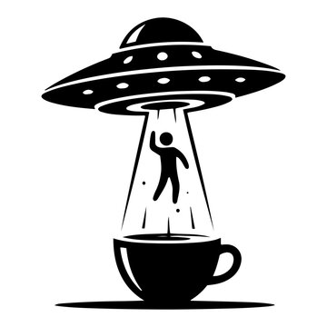 UFO beaming up person from coffee cup in minimalist black and white vector style