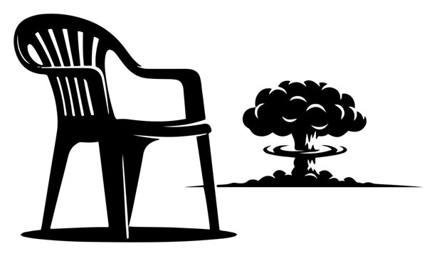 Plastic garden chair facing nuclear explosion mushroom cloud in minimalist black and white vector style