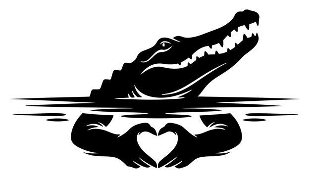 Crocodile head and arms forming a heart shape in water in conceptual silhouette style