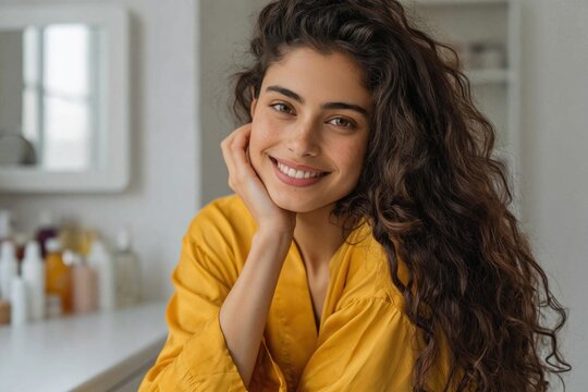 Young woman smiling and posing in bathroom vanity setting