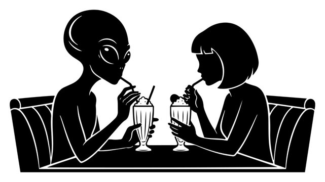 Alien and girl sharing milkshakes in a diner booth minimalist black and white vector style