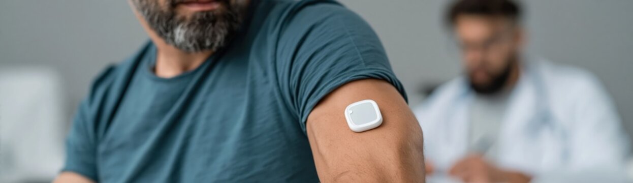 Close up of male arm wearing health sensor patch during checkup visit