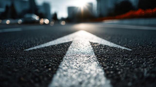 Close-up of a white arrow painted on asphalt road leading forward with direction