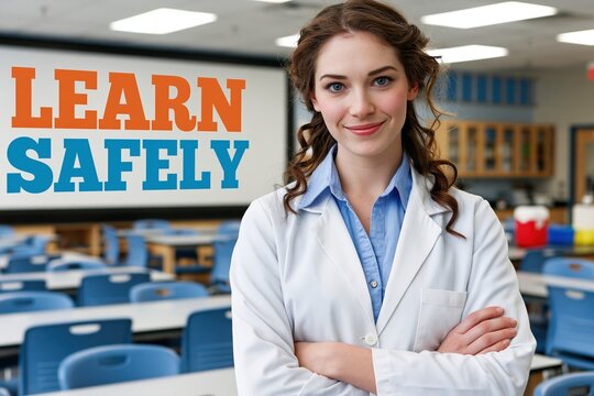 Female lab training coordinator promoting safety in modern classroom laboratory