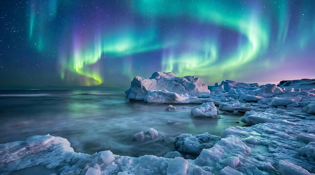 Ice formations and aurora borealis over icy coastline at night with northern lig