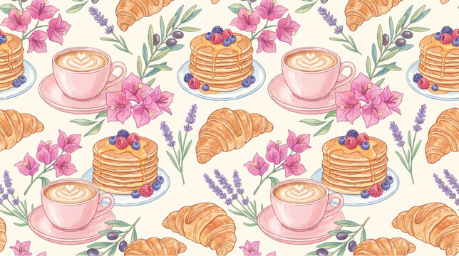 Seamless watercolor pattern featuring a cozy breakfast theme with pancakes, latte coffee, croissants, and delicate pink flowers on a cream background.