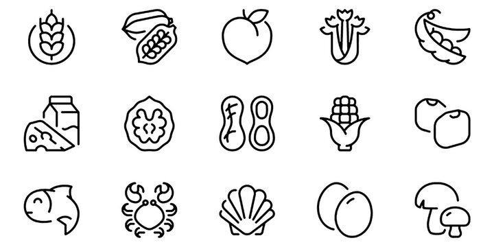 Food Allergens Line Icon Set, Editable Stroke Allergy Warning and Nutrition Vector Illustration Collection with Transparent Background