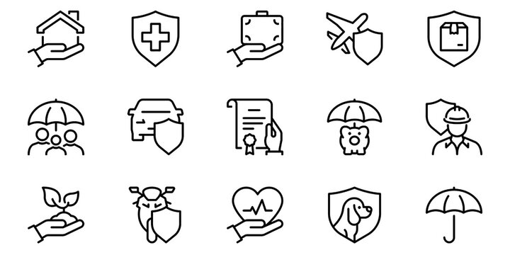 Insurance Concepts Thin Line Icon Set, Editable Stroke Financial Protection and Coverage Vector Illustration Collection with Transparent Background