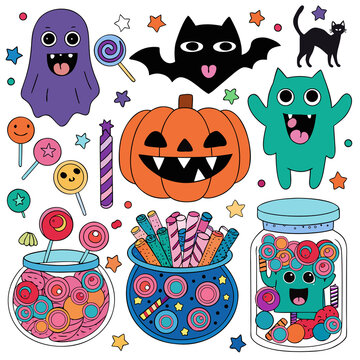 Halloween monsters with candy and pumpkin illustrations