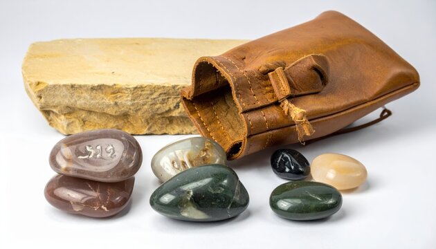 Assortment of smooth polished river stones of precise weights beside a small leather bag