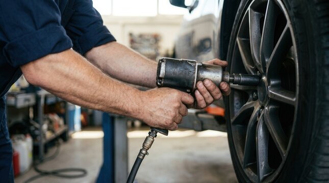 Tire change action at auto shop workshop environment close-up viewpoint automotive maintenance concept