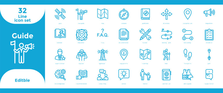 Guidance navigation icon set 32 line icons for user experience design