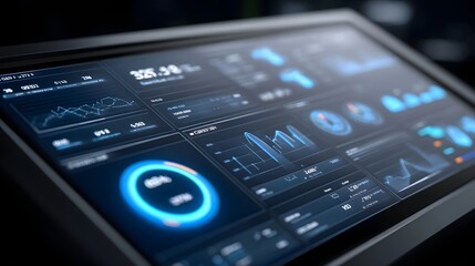Obraz premium Abstract digital dashboard displaying interconnected data streams and glowing network nodes