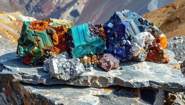 Collection of Vibrant Mineral Ores Including Malachite, Azurite, and Galena Showcasing Natural Crystal Formations