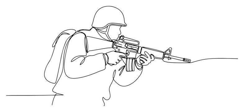 Soldier holding assault rifle during combat mission continuous line art style