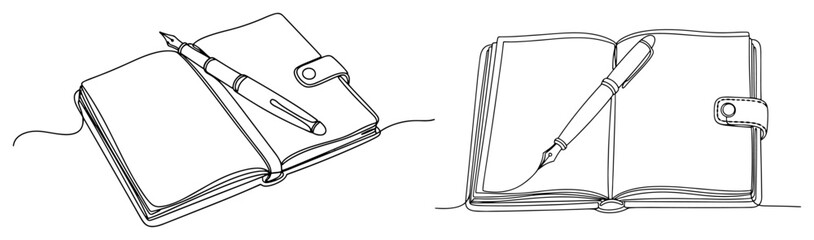 Obraz premium Open notebooks with pens for writing in continuous line drawing style