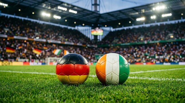 Two soccer balls featuring the national flags of Germany and Ivory Coast on the green grass field of a packed stadium during an international football tournament match
