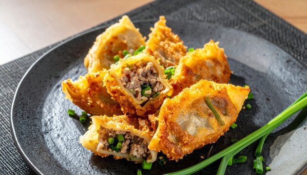 Golden fried dumplings filled with minced pork and chives, served on a dark plate with fresh garnishes