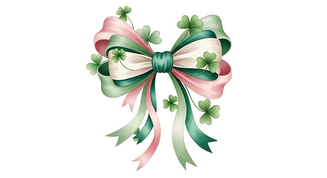 St. patrick's day ribbon bow with clovers isolated on a transparent background