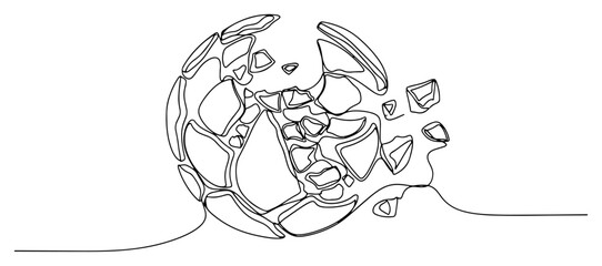 Naklejka premium Shattered sphere breaking into flying pieces continuous line drawing minimalist style